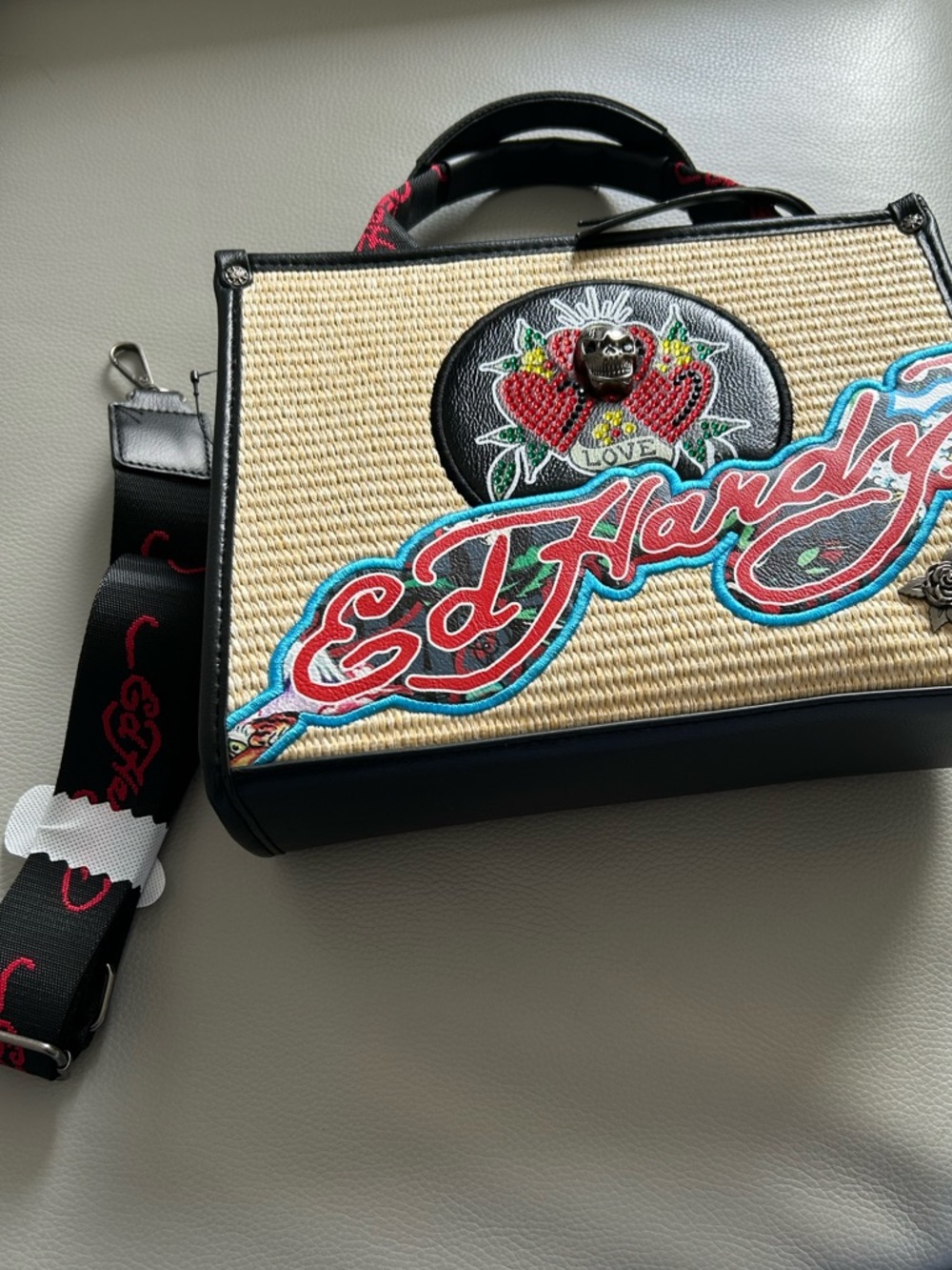 Ed Hardy Straw Tote Bag Hearts Skull Tattoo Y2K Summer Beach Shoulder Purse - Picture 9 of 10